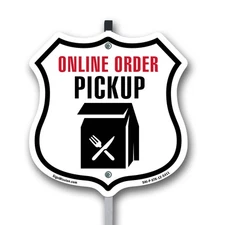Online Order Pickup Shield Shaped Sign With Stake Crafted in the USA