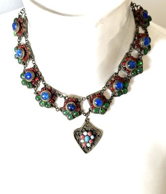 Halskette Plastron Ethno Berber Cabochon Glas Filigran Schmuck Vintage Alt