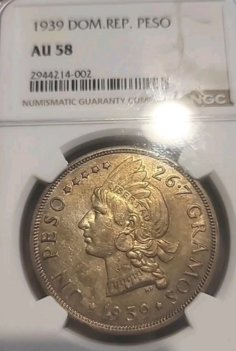 Dominican Republic 1939 Peso Rare KeyDate NGC 58+PQ Rare High Grade