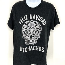 Crazy Dog Graphic T Shirt Feliz Navidad Bitchachos Skull Black Charcoal Size M