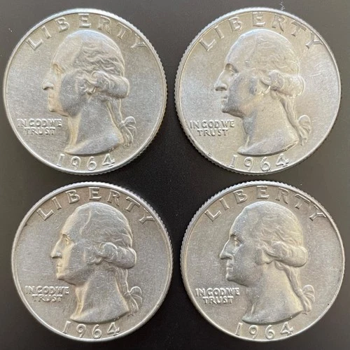 Lot of 4 Silver Washington Quarters 1964D - 90% Silver - FREE SHIPPING