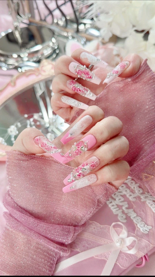 Barbie Pink Lace Flower Matte Finish Press On Nails Long Coffin With Diamond - Image 2 of 4