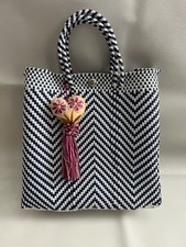 Mexican Woven Bag Plastic Tote Blue White Handmade Beach Boho Oaxaca Vacation