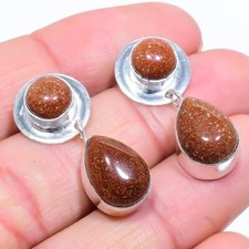 Goldstone Gemstone Handmade 925 Sterling Silver Jewelry Stud Earring Sz 1.40"
