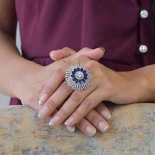 Fantastic Round Flower Design With Lab-Created Blue White Sapphire Halo Ring