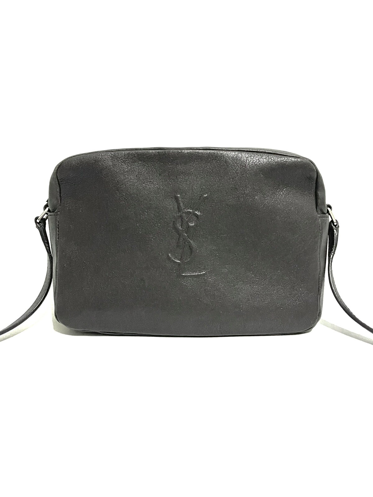 ?Borsa fotocamera vintage autentica SAINT LAURENT pelle di agnello monogramma logo LOU in grigio