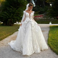 A-Line Wedding Dresses 3D Flowers Long Sleeves Appliques Princess Bridal Gowns
