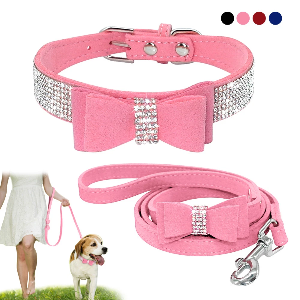 Rhinestone Dog Collar with Leash Set Soft Suede Bowtie for Cat