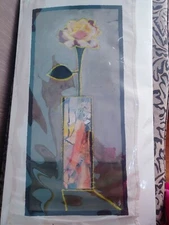 Art "Single Pink Rose In A Vase Scene" Oil Painting - Signed canvas