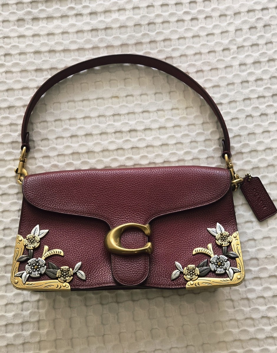 Coach Burgundy Shoulder Bag Floral Metal Accents Gold Hardware