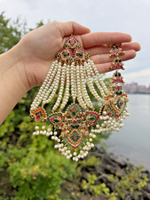 Desi Nauratan Bridal Jewelry Set Pearl Choker Jhumka Earrings Tika