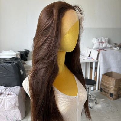 Peluca frontal de encaje resistente al calor de cabello sintético marrón oscuro larga recta - Imagen 1 de 4