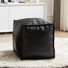 17.7" Black Square Unstuffed Pouf Ottoman Cover Footstool Faux Leather Pouffe fo