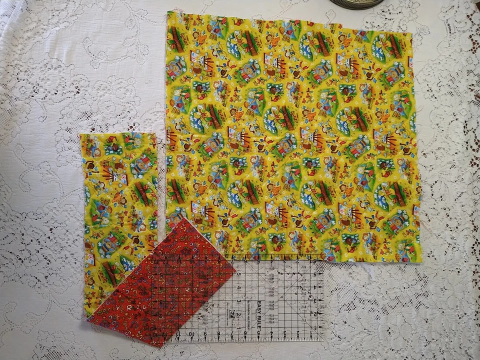 2 REMNANTS Back To School Pre-quilted fabric 18x18 & 5x24" Yellow Red Playground - Image 2 of 4
