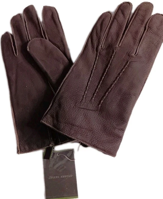 JOSEPH ABBOUD Men's Rabbit Fur Lined Leather Gloves, Brown, Large