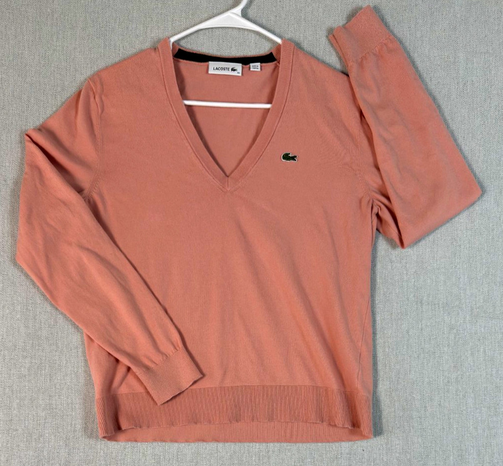 Lacoste Womens V-Neck Sweater Size 40 US M Coral Long Sleeve Preppy Academia