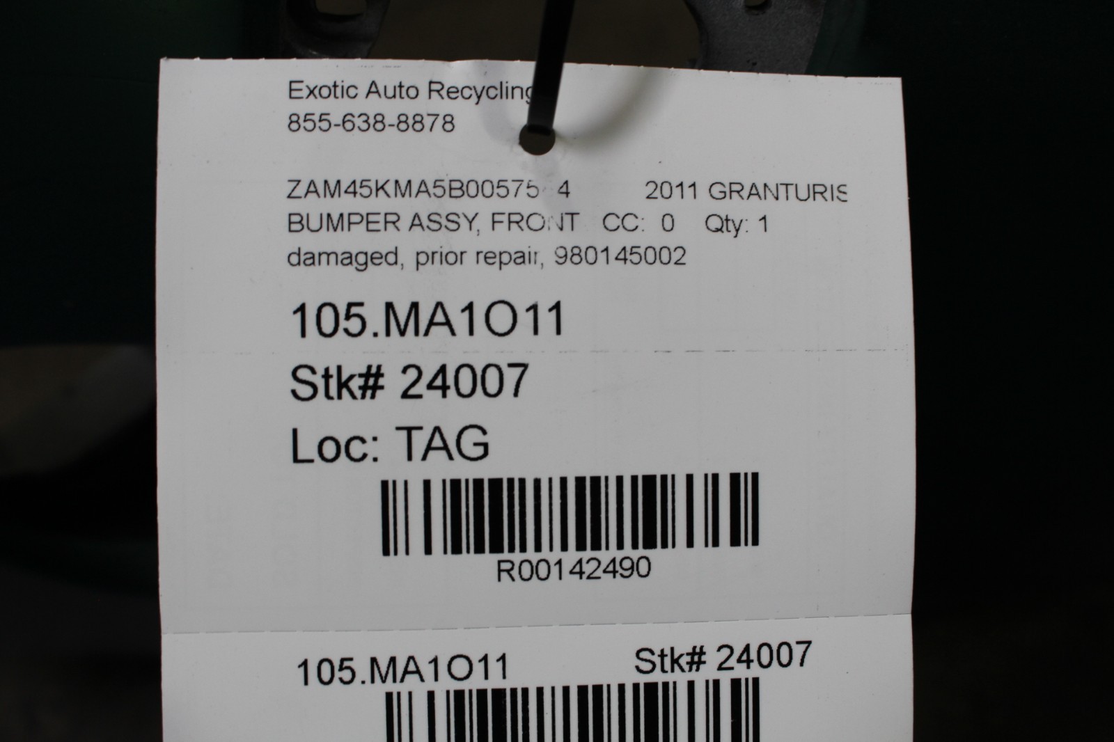 Maserati Granturismo, Front Bumper, Dmg, Prior Repair, Used, P/N 980145002