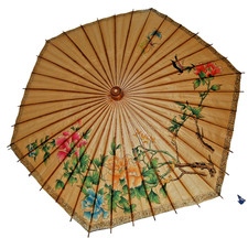 Vtg Hand Painted Japanese Chinese Bamboo Rice Paper Wood Umbrella Parasol 24"