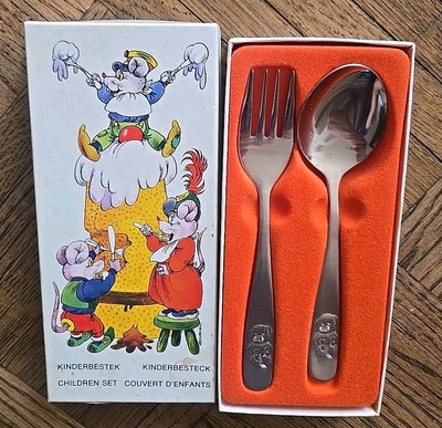 Amefa Holland Childrens Fork & Spoon Stainless Steel Set Teddy Bear Original Box