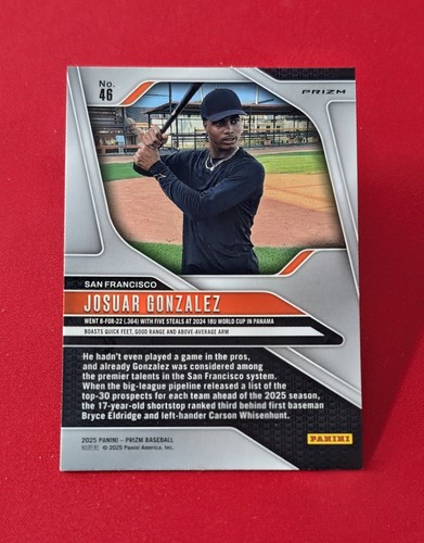 🔥Josuar Gonzalez -2025 Panini Prizm Green Prizm SF Giants #46 - Picture 2 of 2