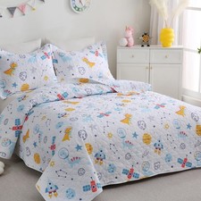 Cute Dinosaur Space Rocket Quilt Set for Boys Twin Size Kids Bedding Sets Lig...