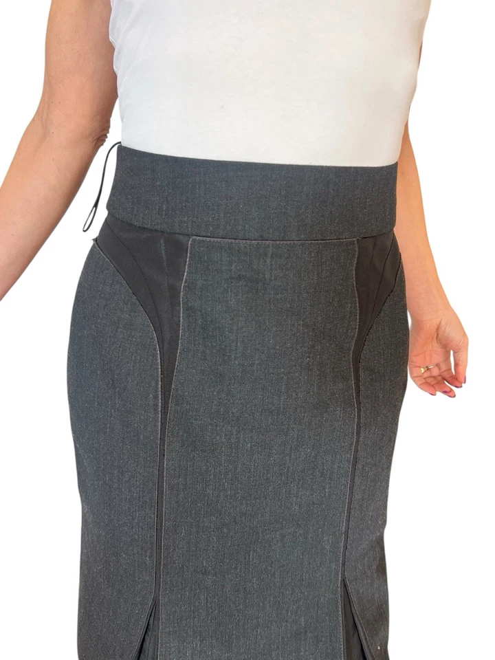 FALDA MUJER J. MENDEL TALLA 4 NEGRA RIBETE PIEL DENIM PLIEGUES GODET LÍNEA A Foto 4 de 4