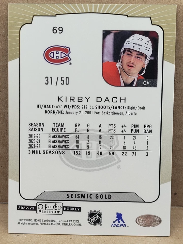 2022-23 O-Pee-Chee Platinum Kirby Dach Seismic Gold /50 #69 - Image 2 of 2
