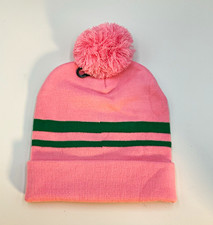 Women s Pink/Green Knit Beanie Hat Striped Acrylic Pom Pom, One Size