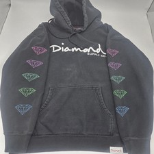 Diamond Supply Co Hoodie Mens Large Black Pullover Multicolor Graphic Sweatshirt