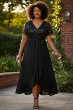 Women’s 2X Black Maxi Dress Wrap Tie Waist V Neck Sheer Mesh Sequin Floral