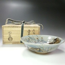JAPANESE ASH GLAZE HIKIFUNE FLAT TEA BOWL MATCHA CHAWAN TOMOBAKO EE8030