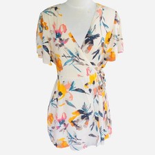 BCBGeneration Women L Wrap Tie Belt Floral Print Short Sleeves Mini Dress