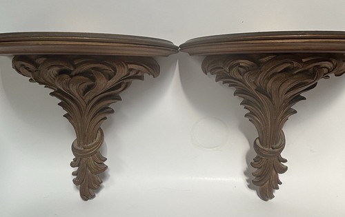 Vintage PAIR SYROCO Ornate WOODEN Wall Sconces Shelf Gold Hollywood Regency 8.25
