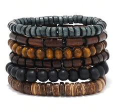 6pcs Braided Leather  Wooden Bead Bracelets   Adjustable Vintage Style for Men