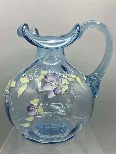 Vintage Fenton Blue Pitcher Vase Hand Painted Diane Gessel 7" Tall Purple Flower
