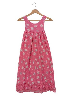 vertbaudet Mädchen Freizeitkleid Gr. 140 Pink Blumenmuster Rüschen Spitze Sommer