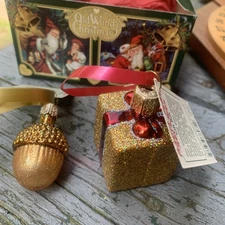 MercK Family’s Old World Christmas Ornament Acorn Present Gift Box Gold Lot Of 2