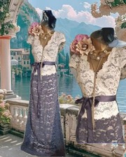 Adrianna papell granatowa kremowa koronkowa wieczorowa lata 40. ślub peplum długa sukienka 12