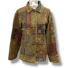 Chicos Size 2 L Green Embroidered Floral Brocade Button Jacket Boho Cottage