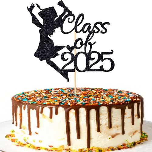 Black Glitter Class of 2025 Graduation Cake Topper, Congrats Grad Party Decor, G