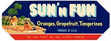 GENUINE SUN N FUN ORANGE CRATE LABEL FLORIDA STRIP OCOEE BEACH SEASHORE C1940S