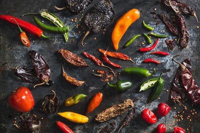 Pepper Varieties on Grey Background Photo Art Print Poster 24x36 inch