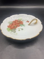 Vintage 73' Trinket Dish Gold Handle & Trim Hand Painted, Signed by Peg & Dated