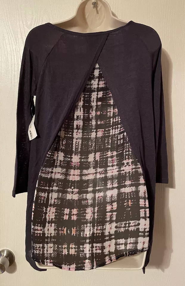 Blusa Top Decree Para Mujer Talla M Manga Larga Boho Corte Transparente A Cuadros Rosa Gris Foto 2 de 4