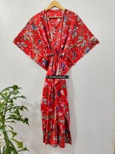Indian Red Long Bird Print Cotton Hippie Maxi Women Nightwear Caftan Dress