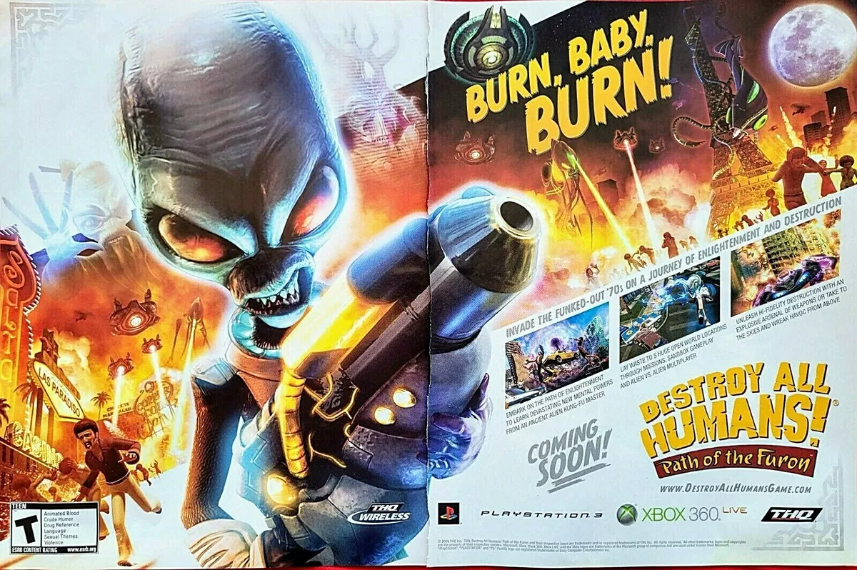 RARE! 2008 DESTROY ALL HUMANS Xbox 360 PS3 Video Gameu003d 2pg Print AD / POSTER eBay picture