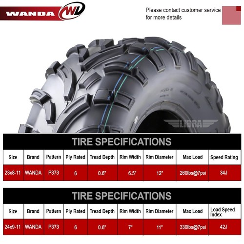 WANDA UTV ATV Tires 23x8-11 Front & 24x9-11 Rear /6PR P373 Lit Mud - Picture 3 of 6