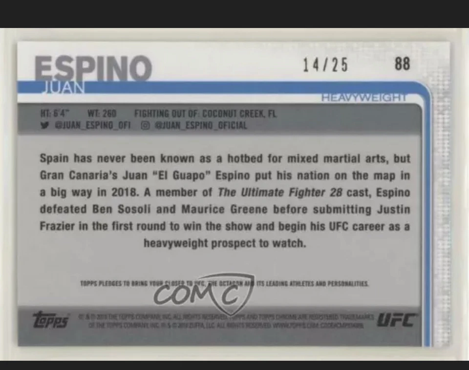 2019 Topps Chrome UFC Orange Refractor /25 Juan Espino #88 - Image 2 of 2