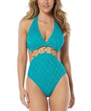 Vince Camuto Women's Ring-Detail Plunge One-Piece Swimsuit Lagoon 138 Size 12