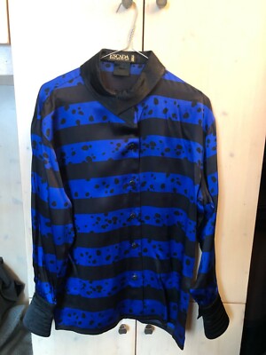 ESCADA LUXURY TOP BLOUSE SILK TWO TONE STRIPPED DOTS BLUE BLACK ORIGINAL 38 DE